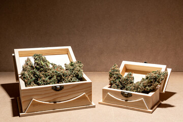 Medical marihuana buds inside two wooden boxes. Selective focus.