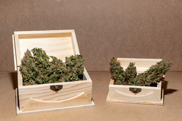 Details of some medical marihuana buds ready for consumption inside two wooden boxes. Selective focus on brown background.