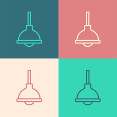 Pop art line Lamp hanging icon isolated on color background. Ceiling lamp light bulb. Vector.