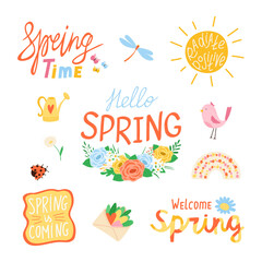 Collection various spring elements on white background in flat style. Set illustrations of flowers, birds, rainbows, quotes for design. Concept of spring. Vector