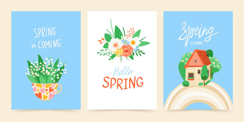 Fototapeta premium Spring set of illustrations with flowers, cup with bouquet, house on rainbow, flowering trees. Design concept of the arrival of spring. A collection of colorful posters, postcards. Vector