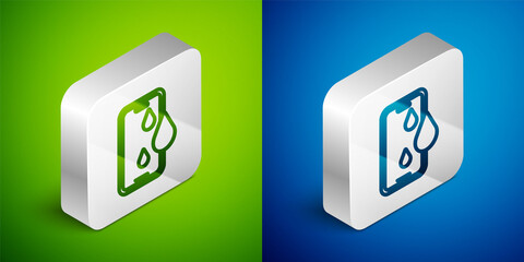 Isometric line Waterproof mobile phone icon isolated on green and blue background. Smartphone with drop of water. Silver square button. Vector.