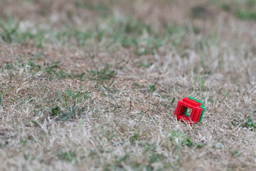 Two pieces of plastic, one green and the other red, thrown in the middle of a garden.