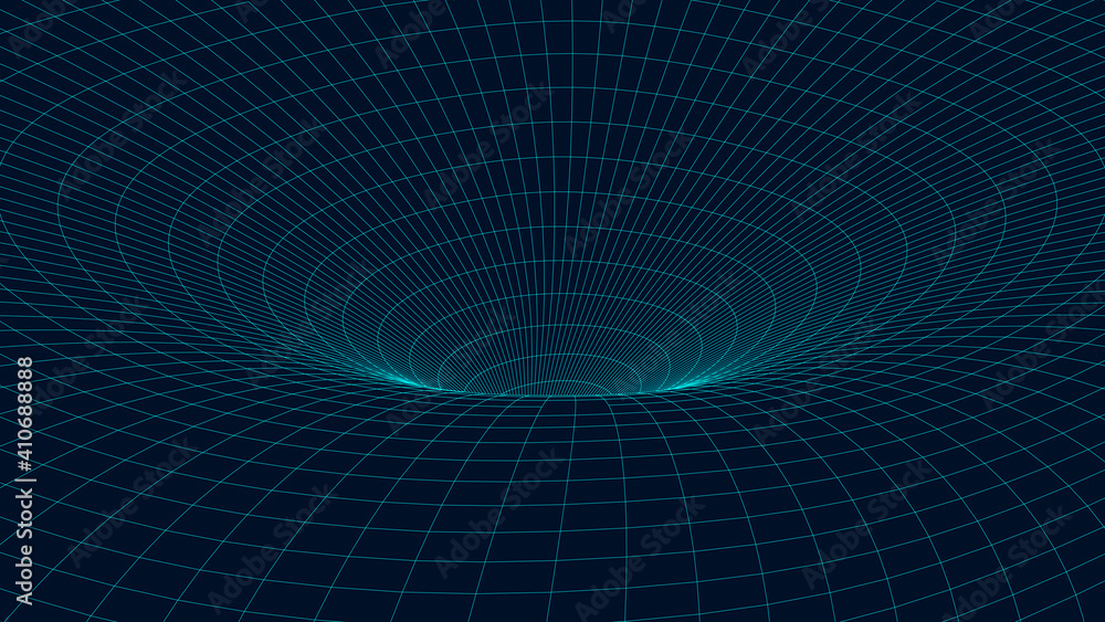 Poster Abstract tunnel. 3D wireframe vector wormhole or vortex. Grid vector illustration.