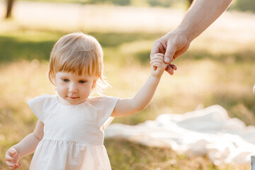 View on toddler. father holds hand daughter enjoy nature and walk in the park. Young family spending time together on vacation, outdoors. father's, baby's day. The concept of family summer holiday.