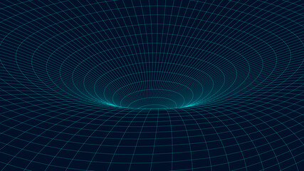 Abstract tunnel. 3D wireframe vector wormhole or vortex. Grid vector illustration.