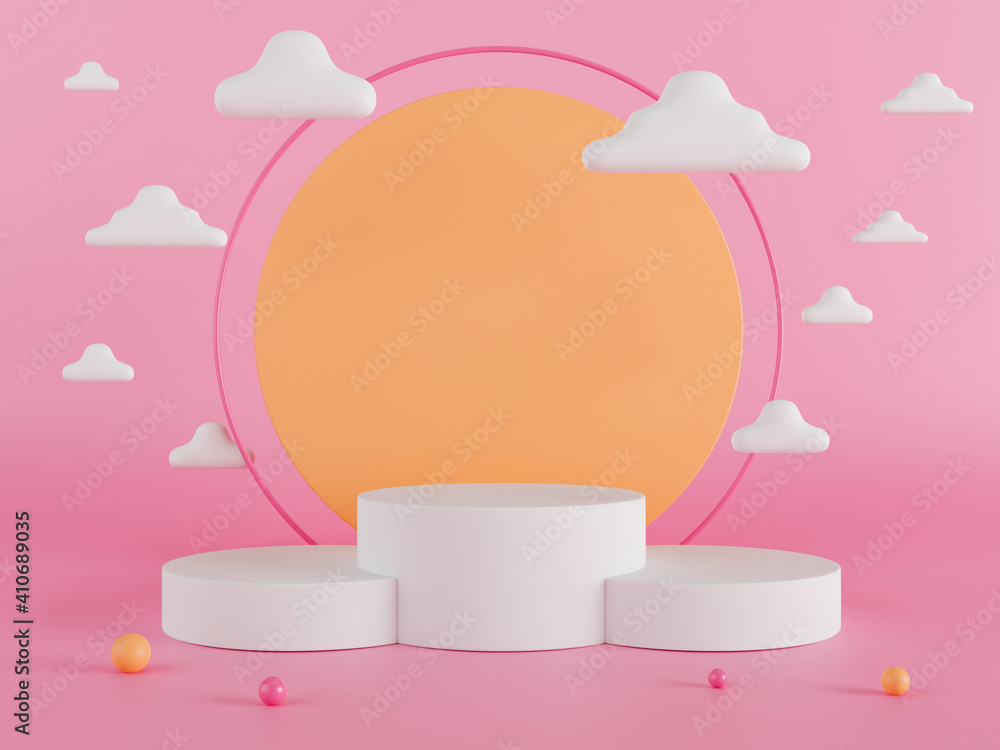 Poster 3d rendering white empty cylinder podiums with yellow circle.
