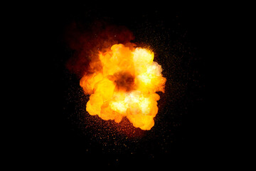 Fiery bomb explosion, orange color with sparks and smoke isolated on black background - obrazy, fototapety, plakaty