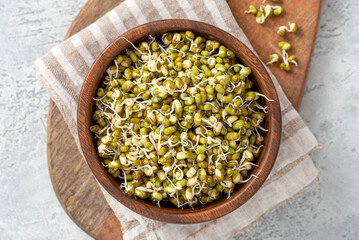 Sprouted mung bean in a wooden bowl on a gray concrete table close-up.