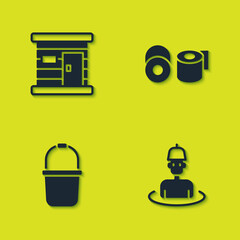 Set Sauna wooden bathhouse, Man in the sauna, bucket and Toilet paper roll icon. Vector.