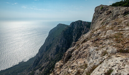 Mediterranean landscape. Forested rocks of the Black Sea coast of the southern coast of the Crimean Peninsula on a clear sunny day.