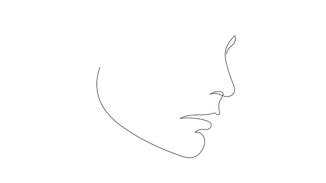 Self drawing simple animation of single continuous one line drawing of female face. Beauty girl or woman portrait. Drawing by hand, black lines on a white background.