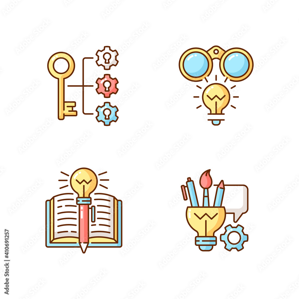 Poster creative thinking rgb color icons set. writing skills. flash bulb as creative idea. creativity devel