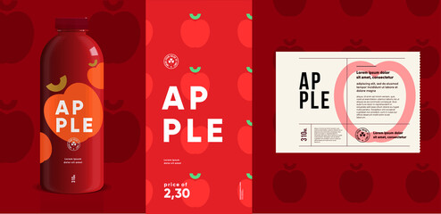 Apple. Flat vector illustration. Price tag, label, packaging and product poster. Label design template on a bottle. Minimalistic, modern label.