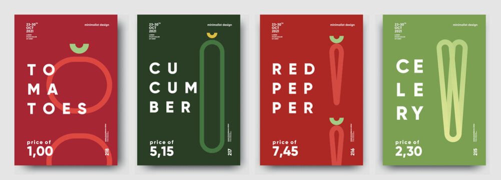 Tomatoes, Cucumber, Red pepper, Celery. Price tag, label or poster. Set of posters, vegetables and herbs in a minimalist design. Flat vector illustration. 