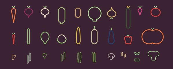 Minimalistic vegetable icons. Flat vector illustration. Vegetable icons, linear style.