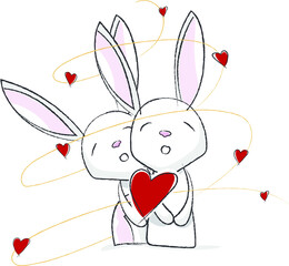 Small and cute illustrated couple of rabbits. Rabbits made in vector with bright colors. Rabbits in love with hearts