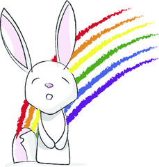 Small and cute illustrated rabbit. Rabbit made in vector with bright colors. Rabbit in love with hearts and rainbow colors