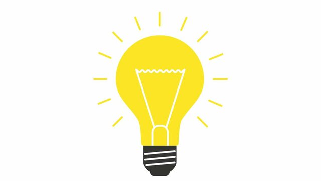 Animated symbol of yellow lightbulb. Concept of idea and creative. Looped video. Vector illustration isolated on white background.