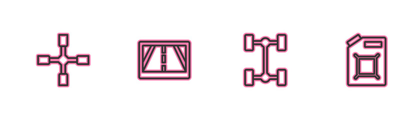 Set line Wheel wrench, Chassis car, Gps device with map and Canister for gasoline icon. Vector.
