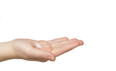Female caucasian hand slightly bent palm with cream isolated on white background. isolate. health and beauty concept