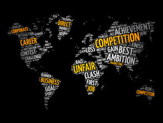 Fototapeta na wymiar Competition word cloud in shape of world map, business concept background