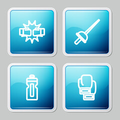 Set line Punch in boxing gloves, Fencing, Fitness shaker and Boxing icon. Vector.