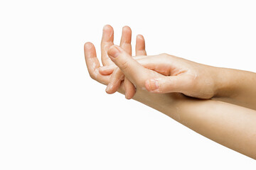 hands a girl who uses a skin care cream, image on a white background. 