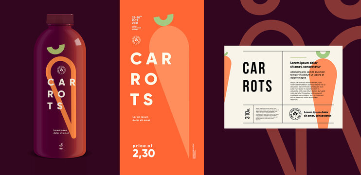 Carrots. Flat vector illustration. Price tag, label, packaging and product poster. Label design template on a bottle. Minimalistic, modern label.
