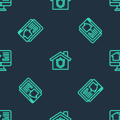 Fototapeta premium Set line House with shield, Online real estate house and on seamless pattern. Vector.