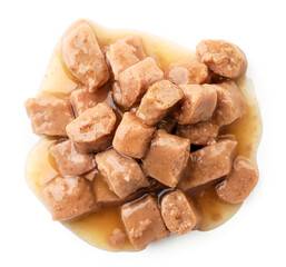 Wet pet food on white isolated background. Top view