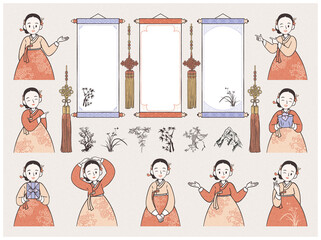 Asian hanging scroll and Korean female character set. Woman in hanbok showing different gestures.