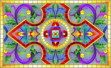 Illustration in stained glass style with abstract flowers, leaves and curls on a blue background, rectangular horizontal image