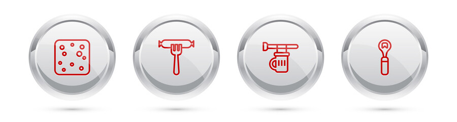 Set line Beer bubbles, Sausage on the fork, Signboard with glass of beer and Bottle opener. Silver circle button. Vector.