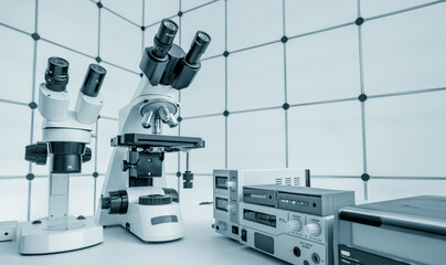 Measuring instruments in a modern physics research laboratory.