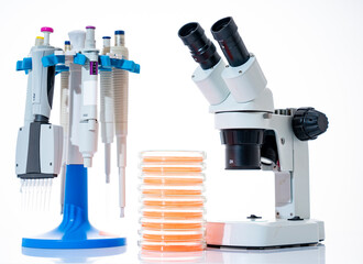 microscope, petri dishes and pipette stand by microbiological laboratory