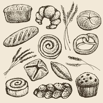 A collection of images of cakes, muffins, bread