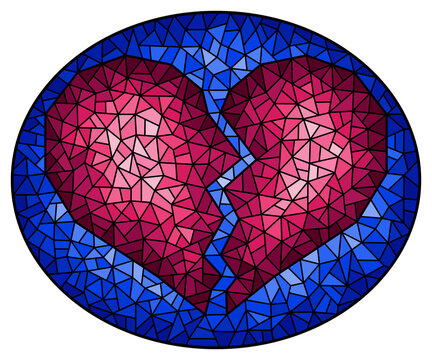 Illustration in stained glass style with an abstract pink broken heart  on a blue background, oval image
