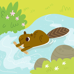 Vector cartoon beaver busy maintaining, building its river dam. Beaver swims carrying a branch in his paws to build its dam.