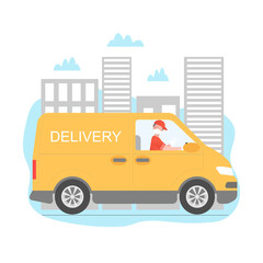 Fototapeta na wymiar Safe delivery vector illustration. Safe delivery with truck and driver. Delivery men with masks and gloves. Safe, contactless food delivery home and office. 