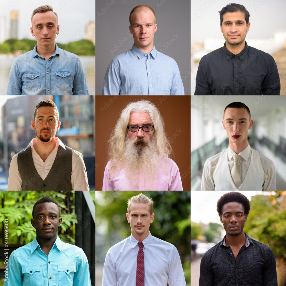 Sticker Portraits of multi ethnic men looking at camera shot in variety of locations