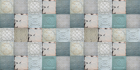 Old decorative painted tin ceiling tiles. Seamless pattern. 