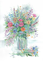 Bouquet of summer flowers in a vase - Watercolor hand painted drawing