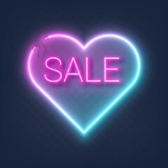 Realistic glowing shape neon heart frame with sale sign isolated on transparent background. Shining and glowing neon effect with wires, Vector illustration