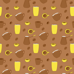 Coffee seamless pattern, cups, mug, paper cup, coffee pot and coffee beans, vector doodle illustration, yellow and brown on brown background