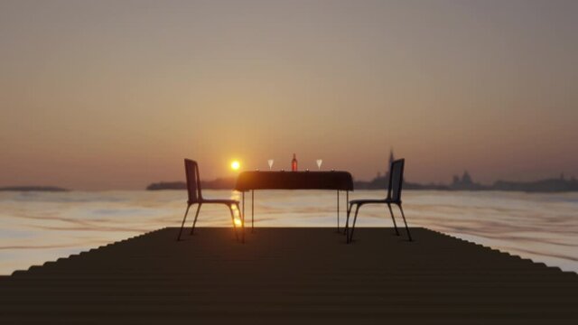 February 14th 3d render animation valentine day 2 armchairs on a background of the sea relax time with candles and glasses on the table