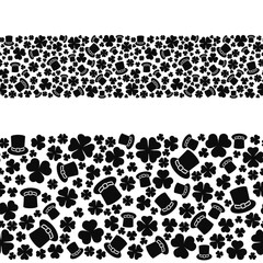 Black hats and clover leaves on white background. Seamless horizontal border. Isolated on white. Graphic black-white illustration. St.Patrick's day. Template for coloring, textures and another design.