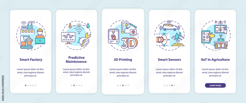 Poster industry 4.0 trends onboarding mobile app page screen with concepts. smart factory, 3d printing, sma