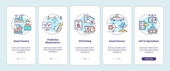 Industry 4.0 trends onboarding mobile app page screen with concepts. Smart factory, 3D printing, smart sensors walkthrough 5 steps graphic instructions. UI vector template with RGB color illustrations