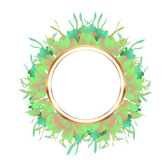 Round frame with leaves and flowers. Green color, flat style. Vector graphics.